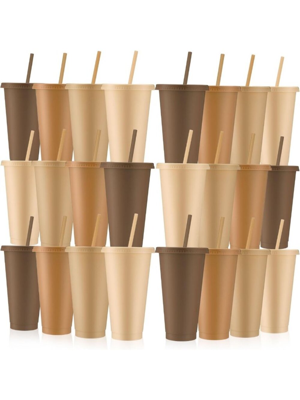 24 Pcs Brown Plastic Cups with Lids & Straws - 24 oz Reusable Drinkware Set